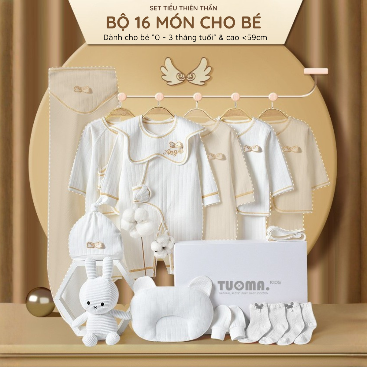 Set quà tặng quần áo sơ sinh TuomaKids 16 món cho bé 0 - 3m