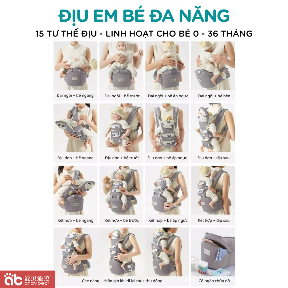 Địu em bé Miuna đa dạng tư thế sử dụng