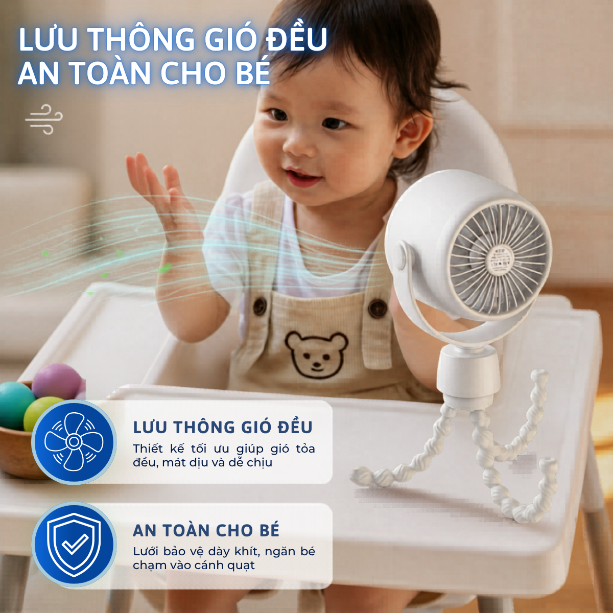 Quạt điện mini cho bé chân bạch tuộc kẹp xe đẩy, xe hơi, nôi, cũi đa năng - Ảnh 2