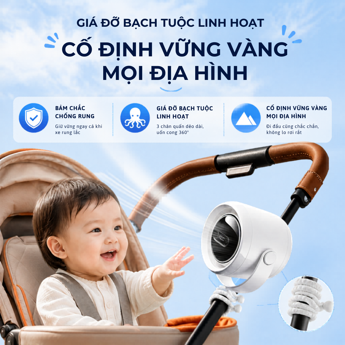 Quạt điện mini cho bé chân bạch tuộc kẹp xe đẩy, xe hơi, nôi, cũi đa năng - Ảnh 6