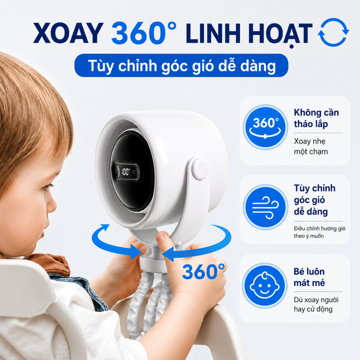 Quạt điện mini cho bé chân bạch tuộc kẹp xe đẩy, xe hơi, nôi, cũi đa năng - Ảnh 7