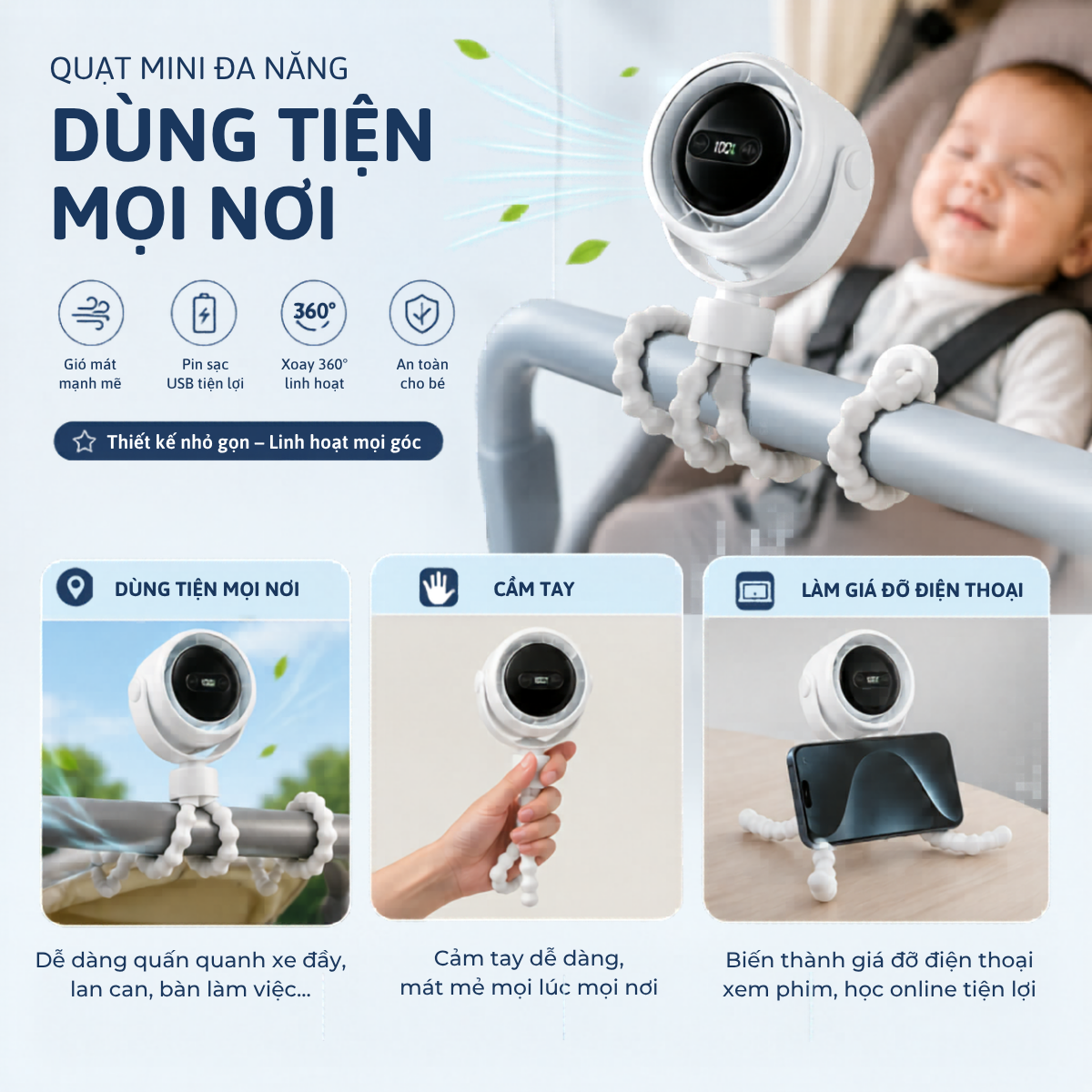 Quạt điện mini cho bé chân bạch tuộc kẹp xe đẩy, xe hơi, nôi, cũi đa năng - Ảnh 9