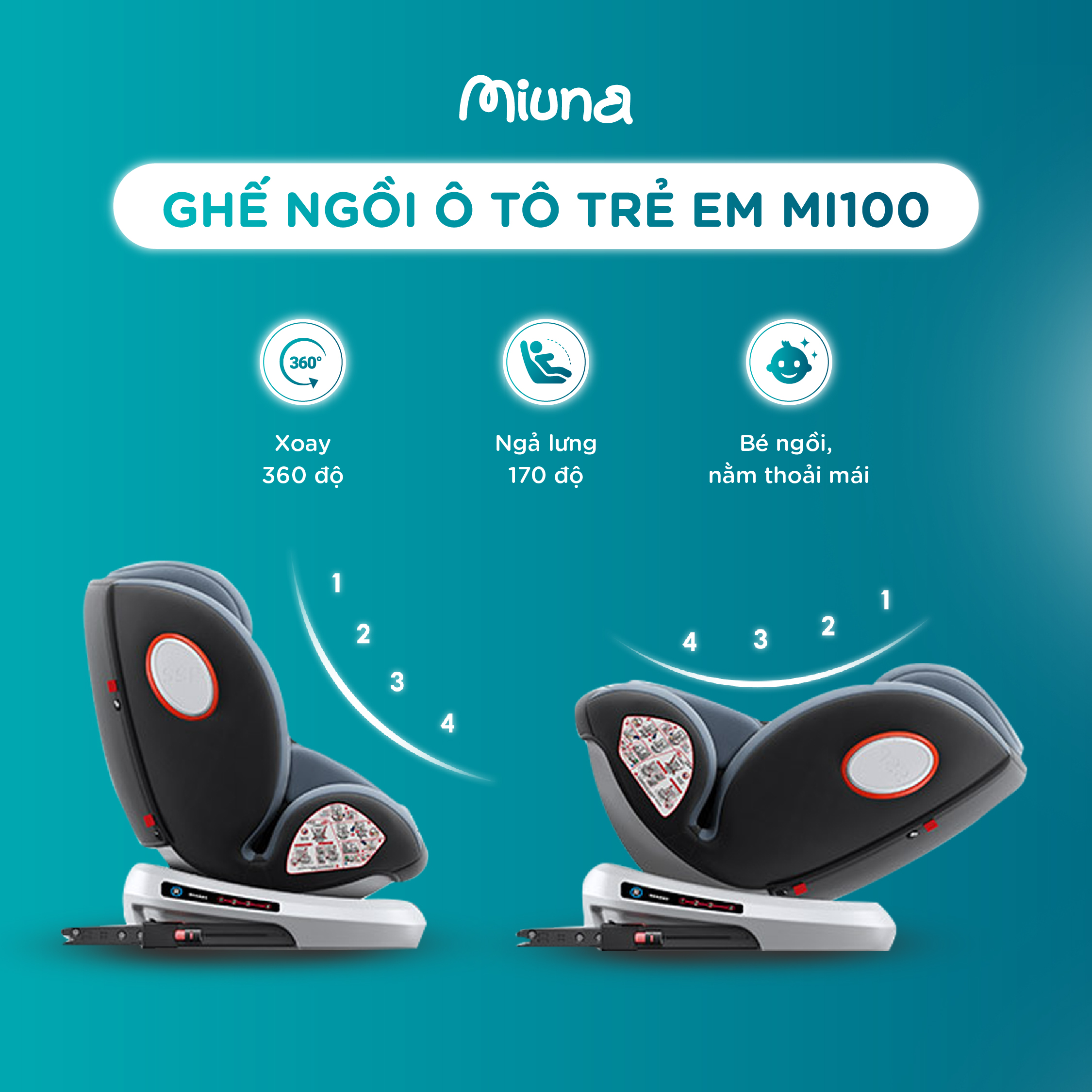 Ghế ngồi ô tô cho bé Miuna mi100 xoay 360 độ, ngả lưng 170 độ
