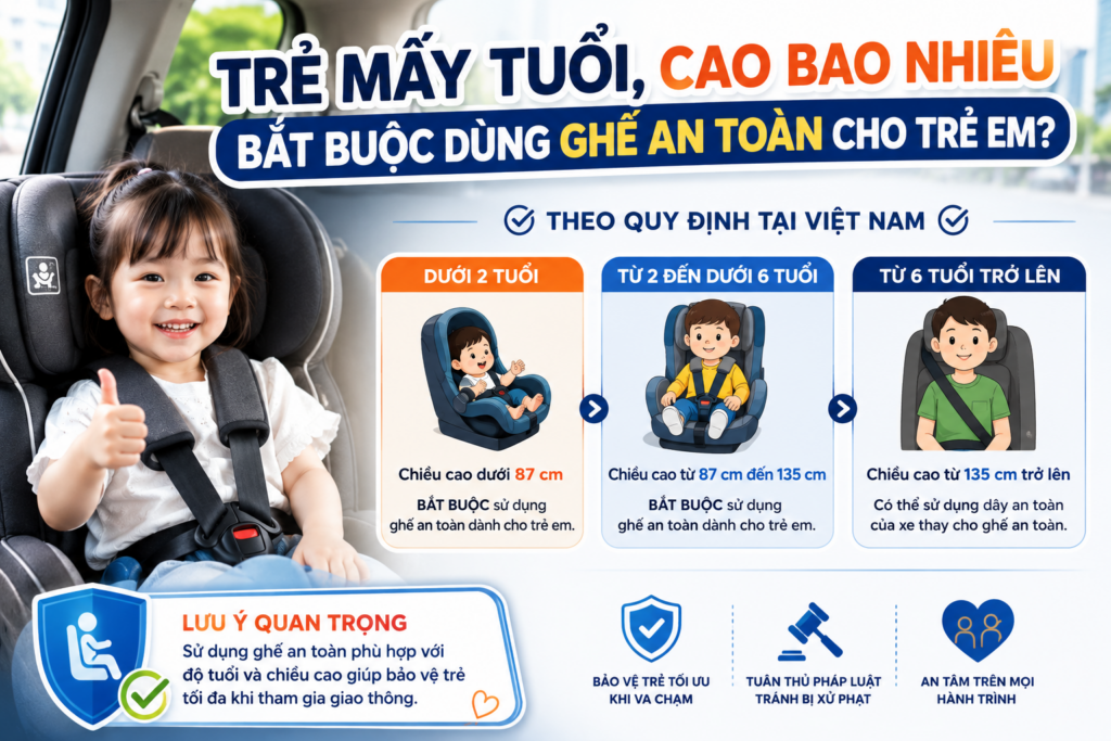 Trẻ mấy tuổi, cao bao nhiêu bắt buộc dùng ghế an toàn cho trẻ em?