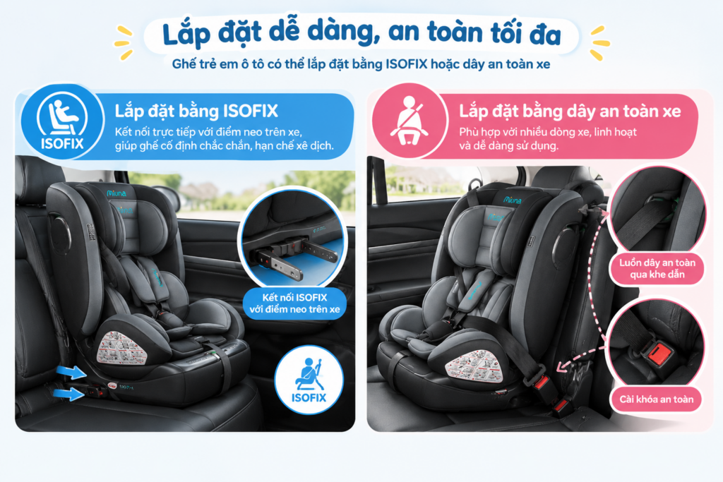 Ghế trẻ em ô tô đạt chuẩn phải được cố định trên xe chắc chắn